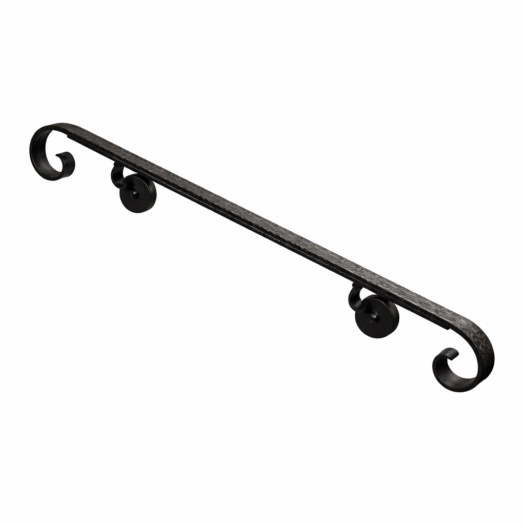 Wrought Iron Handrail – Wall Mounted – 2x1 – Square Volute Scroll – Hammered