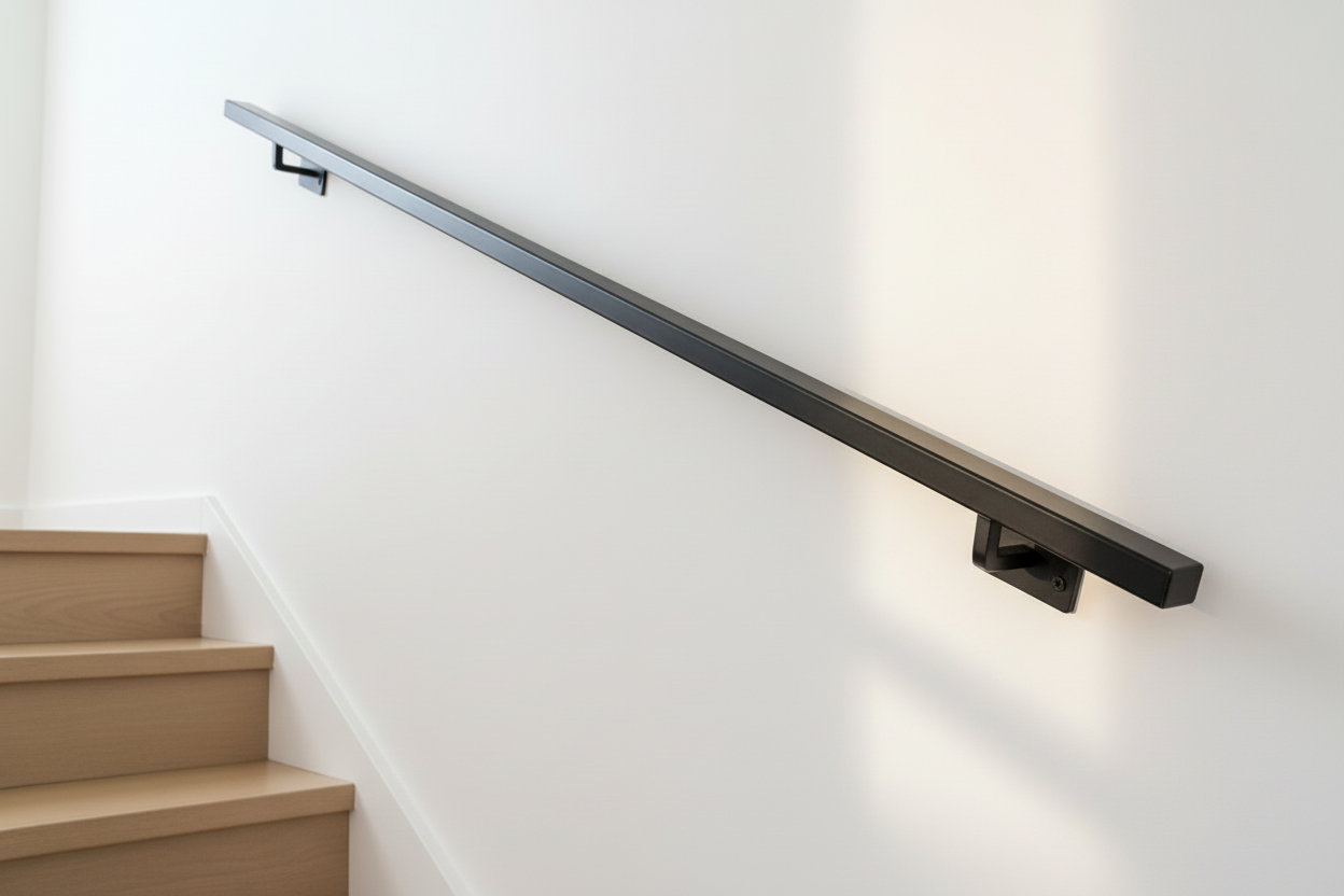 Photorealistic product image of a wall-mounted modern handrail made from 2x1 rectangular steel tubing, finished in matte black powder coat. Installed on a white interior wall alongside a modern residential staircase with light wood steps. Clean square edges, straight profile, minimal wall-mounted brackets with hidden fasteners. Neutral modern home interior, soft even lighting, minimal shadows, true-to-life color, realistic proportions.